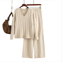 Nouvel ensemble 2 pièces brodé uni et formel en maille à col en V pour femme, coupe régulière, longueur complète, en tissu Oxford Spandex/Coton – Collection Printemps 2025