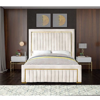 Cabecero alto blanco y negro, marco de cama de terciopelo con mechones cromados, cama doble King Doble