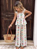 Ensemble deux pièces d'été pour filles, haut style licou à bordure feuillagée et pantalon large, tenue décontractée pour grandes filles, style floral et uni