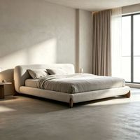 Lit Double Rembourré en Tissu avec Cadre en Bois Massif, Tête de Lit Coquille Wabi Sabi Courbée Intégrée, Meuble de Chambre Parentale