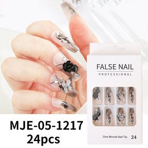 Nouvelles tendances : Faux ongles à presser personnalisés, longs, forme cercueil carrée, style French blanc papillon, en acrylique ABS - Product Image 4