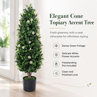 Kunstmatige conische witte bloem eucalyptus topiary boom, zwarte pot, hoge piramidevormige bladeren, PE materiaal, hoge simulatie, binnen.