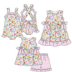 Preventa MOQ 5, Ropa de Conejita con Flores Coloridas para Niñas, Ropa de Pascua al por Mayor, Vestidos Tipo Romper para Hermanas, Conjuntos de Ropa Infantil de Boutique - Product Image 1