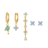 Anting Tusuk Bunga Biru Lapis Emas Ramah Lingkungan Terlaris, Set 5 Buah dengan Rumbai untuk Wanita