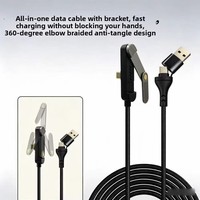 Kabel Pengisi Daya USB 2 in 1 Nylon dengan Braket Lipat Putar 180 Derajat, Kabel Dual Type-C untuk Ponsel, Komputer, Kamera