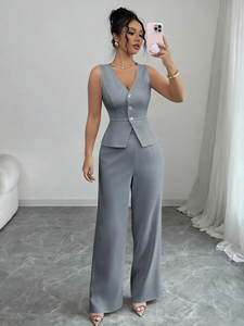 ノースリーブジャケット衣装女性2ピースファッションスーツファッションベストカジュアルセット - Product Image 5