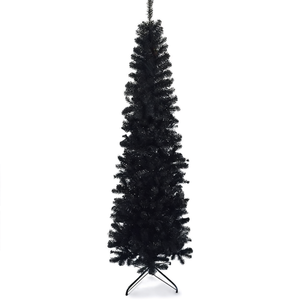 Black Slim Pre-Lit Artificial Christmas <b>Tree</b> 7.5FT <b>With</b> Warm White LED <b>Lights</b> Metal Stand Foldable Design For Indoor Home Decora - Product Image 1
