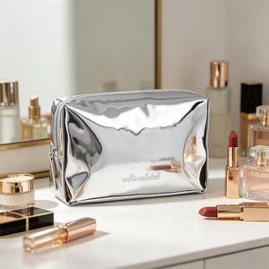 Silver Metallic PU Leather Cosmetic Bag Large Capacity Women <b>Makeup</b> Bags Waterproof Travel Toiletry Bag with Embossed Logo - Product Image 2