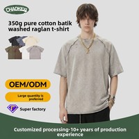 Kaos Raglan O-Neck Sebanda 350G Katun Murni Berat, Dapat Disesuaikan, Lengan Pendek, Proses Batik Tua, Model Longgar dengan Lubang di Pinggir