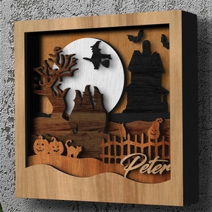 <strong>Halloween</strong> Double Layers Wooden Ornaments Bat House Black Tree Home Decoration Laser Cut Wood Shadow Wall Art - Product Image 5