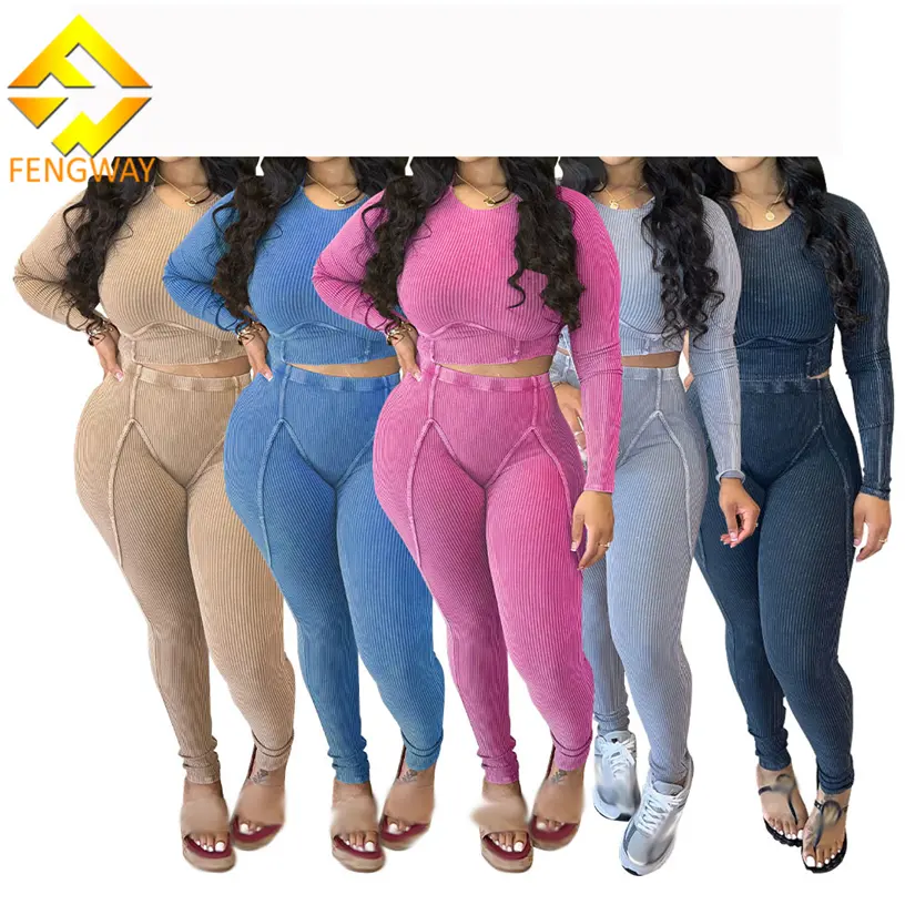 2023 Neuheiten Gerippte enge zweiteilige Hose Set Herbst Damen bekleidung Sport Slim Fit 2-teiliges Jogger Set