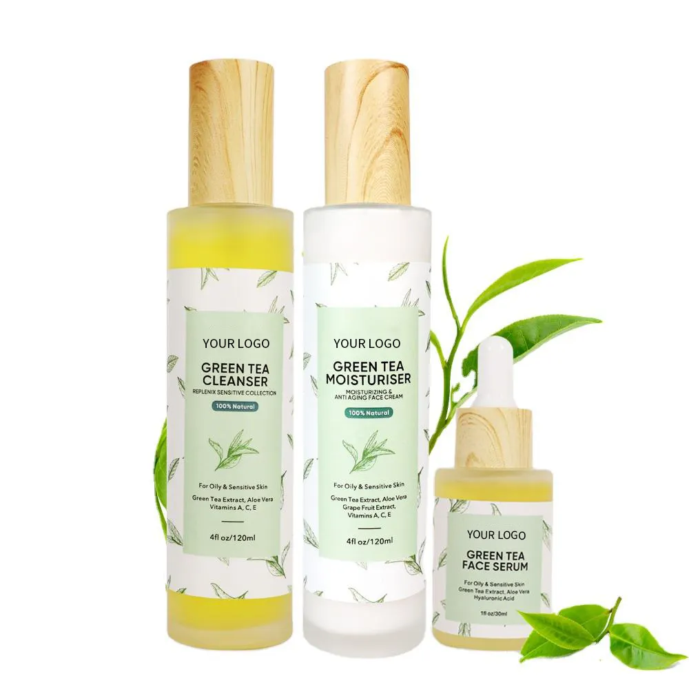 Private Label Coreano Natural Orgânico Chá Verde Calmante Iluminamento Facial Cuidados Com A Pele Soro Creme Cuidados Com A Pele Facial Products Kit