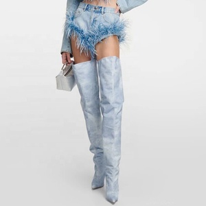 Wide Fit Thigh High Booties Women Blue Stiletto High Thin Heels Shoes Stretch Denim Over Knee Woman's Sexy Pointy Toe Pumps - Product Image 2