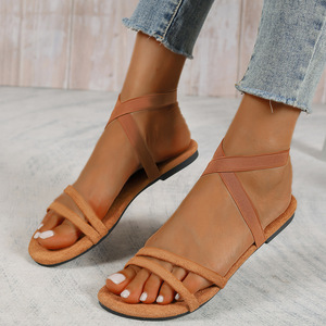 Summer Double Thin Strap Flat <b>Sandals</b> For Women <b>Elastic</b> Cross Ankle Wrap Open Toe Daily Footwear - Product Image 3