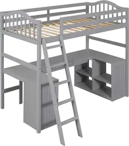 Wooden Twin Size Loft Bed with Desk Shelves Cabinet and Ladder High Loft bed Frame w/Guardrail for Teens Adults Bedroom