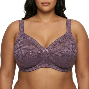 Soutien-gorge tendance personnalisé grande taille, minimisant, sans armatures, à couvrance totale, avec ailes latérales en dentelle florale et maille, non doublé, bonnets D E F, pour usage quotidien - Product Image 6