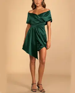 定制派对女性晚间优雅深绿色缎子露肩迷你派对裙