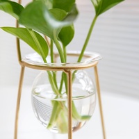Station de propagation créative pour plantes de bureau, style vases nordiques, cadre en métal doré, vase en verre hydroponique pour la décoration intérieure (vente en gros)
