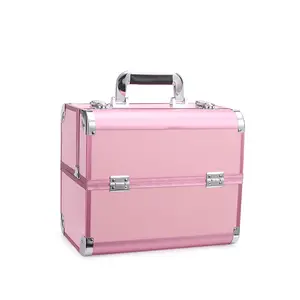 एल्यूमीनियम गुलाबी हार्ड यात्रा मेकअप ट्रेन कॉस्मेटिक वैनिटी बॉक्स/पेशेवर पोर्टेबल मेकअप मामले/थोक पेशेवर यात्रा के मामले