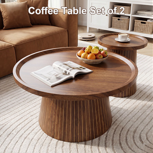 Juego de Mesa de Centro de Madera Moderna, Diseño de Mediados de Siglo, Muebles Hechos a Mano para Sala de Estar, Tapa Redonda, Base de Madera Sólida - Product Image 4