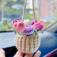 Nouvelle conception, décoration artisanale pour rétroviseur de voiture, plante en pot, fleur au crochet, ornement suspendu pour rétroviseur, accessoires de voiture Y