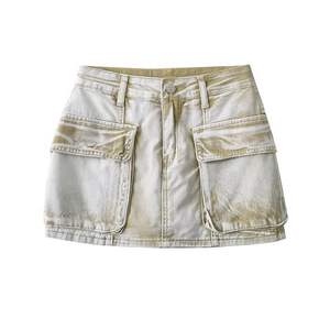 Denim <strong>Skirt</strong> Vintage Big Pockets A-line High Waist <strong>Wrap</strong> Hips Cargo Mini <strong>Skirts</strong> - Product Image 3