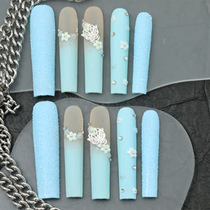 เล็บปลอมอะคริลิคทำมือขายส่ง รูปทรงโลงศพยาว ปิดเต็มเล็บ สีชมพู ดีไซน์ 3 มิติ ประดับเพชร สามารถปรับแต่งได้ - Product Image 1