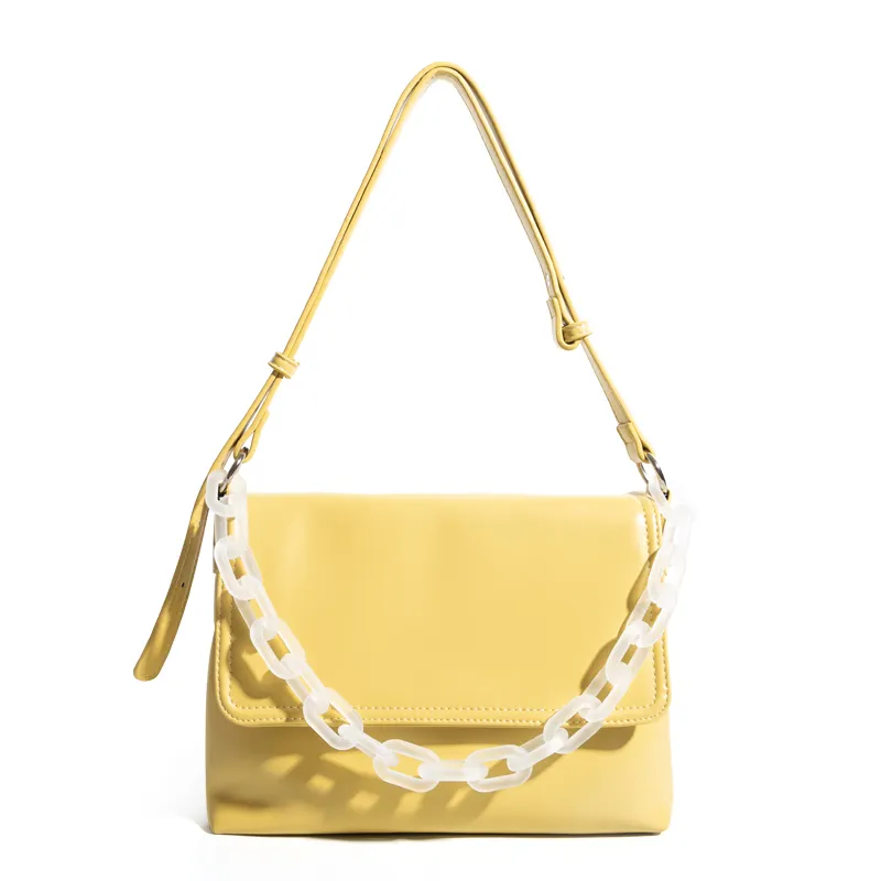 Bolso de mano de gran capacidad para mujer, bolsa de hombro de piel sintética, elegante, a la moda, decoración de cadena de plástico, amarillo