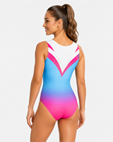 Justaucorps de gymnastique sans manches personnalisé pour filles et femmes, bleu rose ombré, avec strass, pour compétition et entraînement