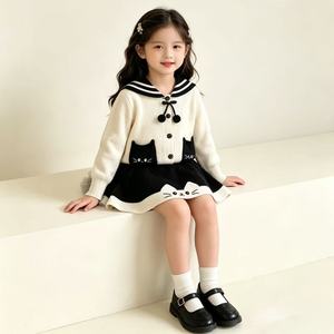 Set 2 Pezzi per Bambine Stile Marinaio con Gatto Cartoonesco, Cardigan Lavorato a Maglia e Gonna, Outfit Casual Autunno Inverno - Product Image 3