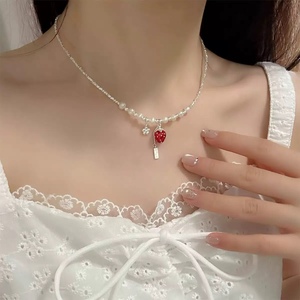 Collar de Plata con Perla de Fresa, Colgante de Plata de Ley S925, Estilo INS para Mujer, Cadena para Clavícula Linda y Dulce, Uso Diario - Product Image 1
