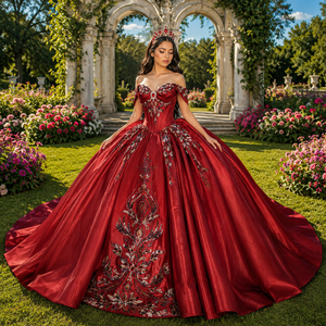 Robe de bal de Quinceañera de luxe rouge bordeaux Dy1556 en mousseline de soie, ornée de cristaux, sans manches, décolleté cœur, en satin, style vintage naturel - Product Image 1