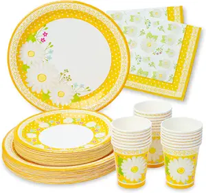 Fournitures de fête à fleurs Magnolia-ensemble de 24 assiettes en papier marguerite (7 et 9 pouces), serviettes en papier et gobelets de fête-fleur jetable T