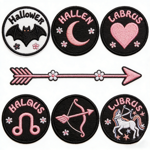 Parches Termoadhesivos Bordados Personalizados con Diseño de Flecha de Corazón del Zodiaco de Halloween en Rosa y Negro <span class=keywords><strong>para</strong></span> Decoración de <span class=keywords><strong>Ropa</strong></span>, Sombreros, Bolsos y Accesorios - Product Image 1