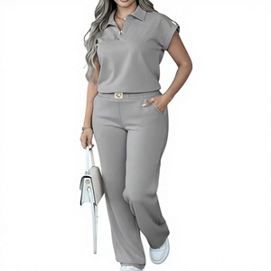 Women's Gray 2-Piece Casual Set Short Sleeve Polo Top Wide Leg Pants Breathable Woven Polyester/Cotton Pocket High Quality - Product Image 2