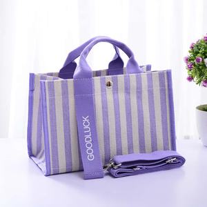Custom Logo Printed Striped Canvas Tote Bags Reusable Cotton Shopping Crossbody Shoulder Bag <b>Women</b> Girls Striped Canvas Tote Bag - Product Image 6
