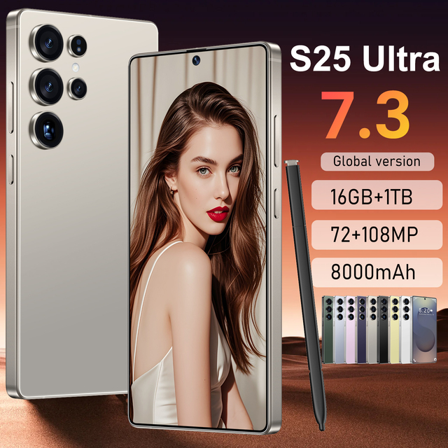 Big Screen S25 Ultra Smartphone 7.3Inch HD Display 8000mAh Large Battery 16GB+1TB 72+108MP Dual SIM TF Slot Android Phone