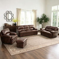 Ensemble de canapés sectionnels classiques en cuir véritable marron de style européen, 4 pièces, garniture à clous, coussins ergonomiques en mousse, structure en bois massif
