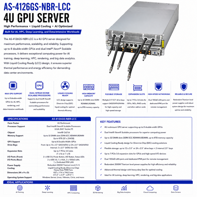 Supermicro AS-4126GS-NBR-LCC 4U GPU Server H G X B 200 8-GPU AMD EPYC 9005 DDR5 Liquid Cooled AI HPC Data Center Server