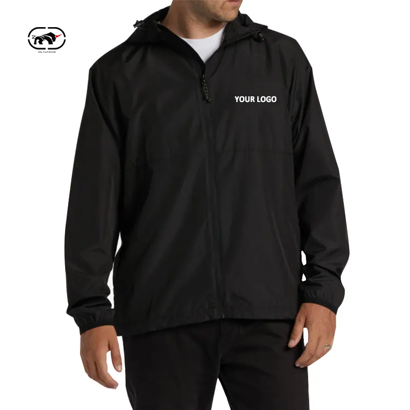 OEM Custom Polyester Lightweight Windbreaker Full Zip Plain Solid Color Casual Nylon Windbreaker Jacket for Men hooded