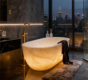 YUSHI Modern Boat Shape Naturstein Badewanne Luxuriöse durchscheinende Onyx Marmor freistehende Badewanne für Hotel Badezimmer - Product Image 2