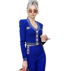 23 new style V neck long sleeve women short suit trousers set lady top pants set suit tight set for cocktail party banquet club