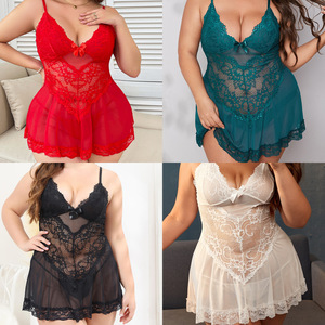 Lingerie Babydoll Grande Taille en Dentelle Fine et Transparente, Robe de Nuit en Maille à Col en V avec Nœud, Robe Sexy Sans Coutures pour Femmes Courbes - Product Image 1