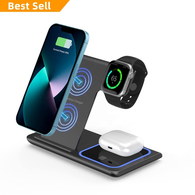 OEM 3 in 1 Wireless Folding 15w Fast Charger Magnetic Charging Station Phone Holder Dock for Iphone Iwatch Airpods Pro