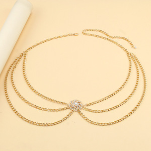 สร้อยคอแฟชั่นแบบหลายชั้นประดับดอกไม้และคริสตัลสีทอง  สำหรับงานปาร์ตี้  ทำจากโลหะผสมสังกะสี - Product Image 2