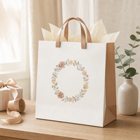 Sac cadeau en papier avec logo personnalisé, motif floral blanc, poignée en satin doré, emballage pour mariage, boutique, cosmétiques, vêtements