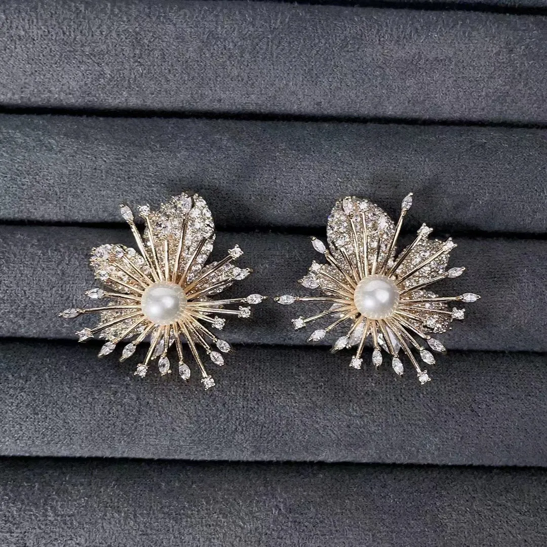 Custom Fireworks Flower Cubic Zirconia Stereoscopic Big Earrings Microinsert CZ Stones Lady`s Jewelry Earrings