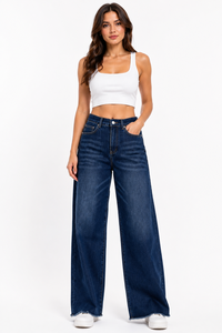 Jeans da Donna a Vita Alta, Gamba Larga, Denim Scuro, Vestibilità Comoda, Lunghezza Intera, Stile Casual - Product Image 1