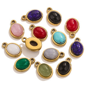 Pendentifs ovales en pierres semi-précieuses naturelles, breloques en acier inoxydable plaqué or PVD : turquoise, onyx, quartz rose pour collier, bracelet, etc. - Product Image 1