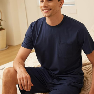 Set <span class=keywords><strong>pigiama</strong></span> da <span class=keywords><strong>uomo</strong></span>, <span class=keywords><strong>camicia</strong></span> leggera a maniche corte, morbida, traspirante, fresca, set per dormire con tasche - Product Image 2